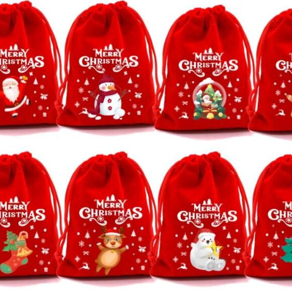 4 Random Christmas Red Velvet Gift Bags Drawstring Holiday Candy Bag Jewelry - Picture 7 of 9